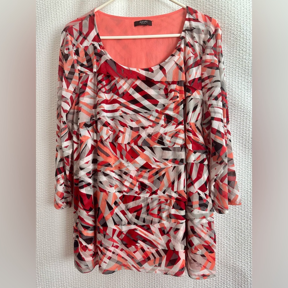 ALFANI Coral Red Black Abstract Print Tiered Long Sleeve Blouse Women’s 1X